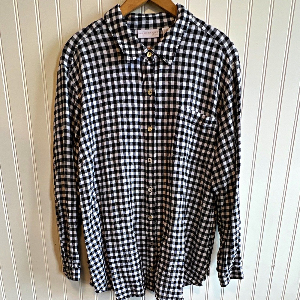 Susan Graver Pure Women's 1X Button-Up Flax Linen Pocket Gingham Black White